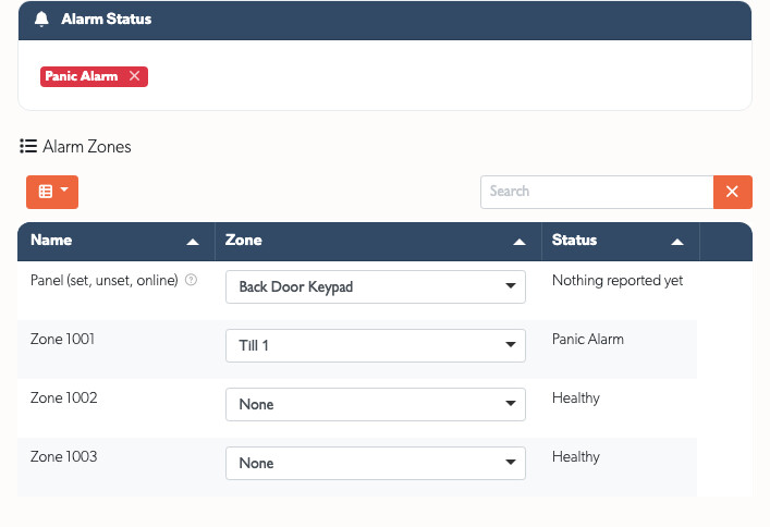 Alarm status badges and the panel zone mapping