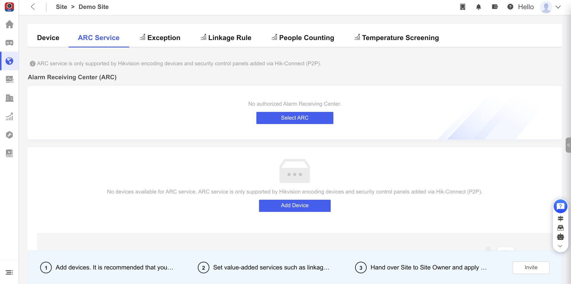 ARC Service tab with Select ARC button