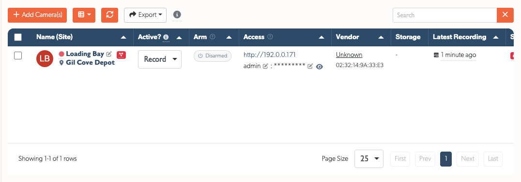 An offline camera in the cameras list