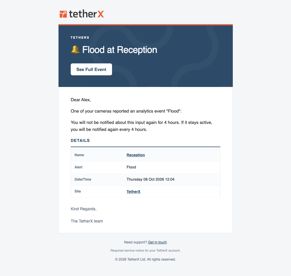 Example flood alert email from an analogue input
