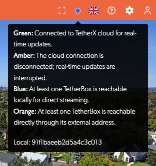 Connection status indicator showing blue for local streaming