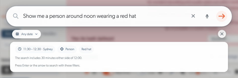 A natural-language request with Person, Red hat and a noon time window in the preview