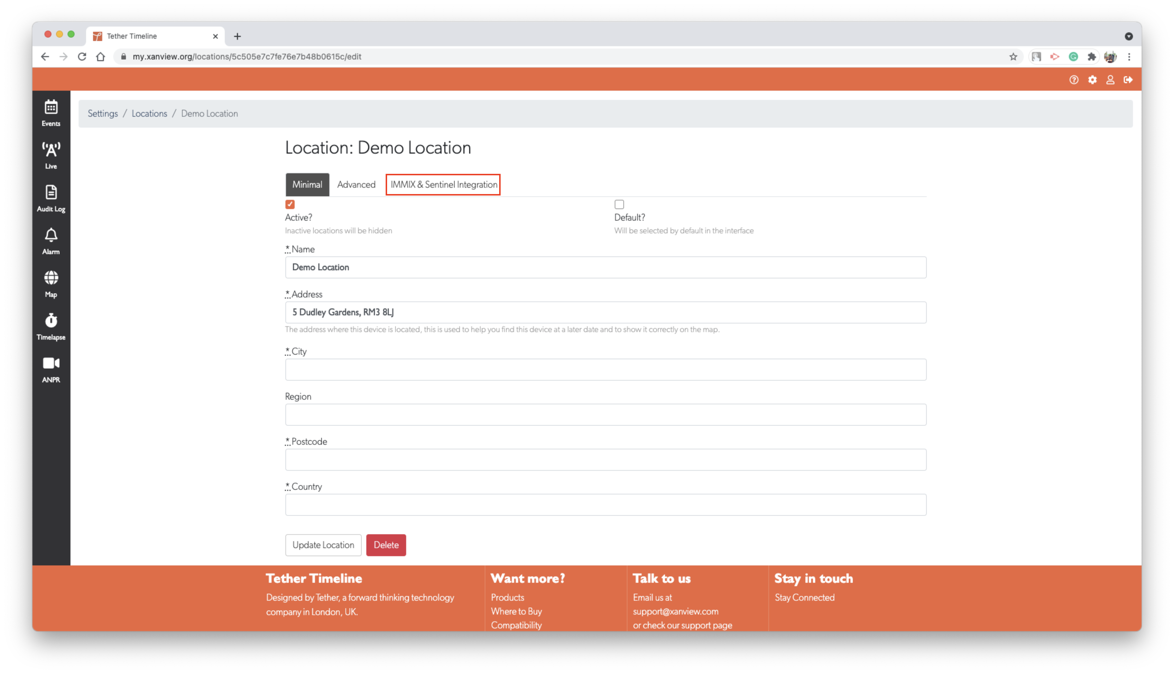 Site edit page showing tabs