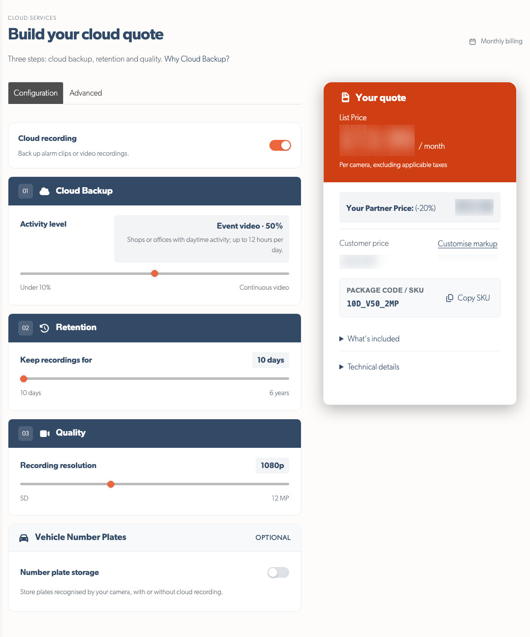 The quote tool, with its three configuration steps and the quote beside them