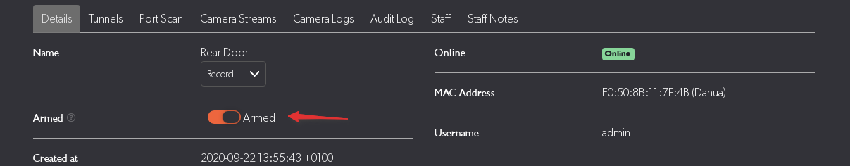 Camera details showing armed toggle