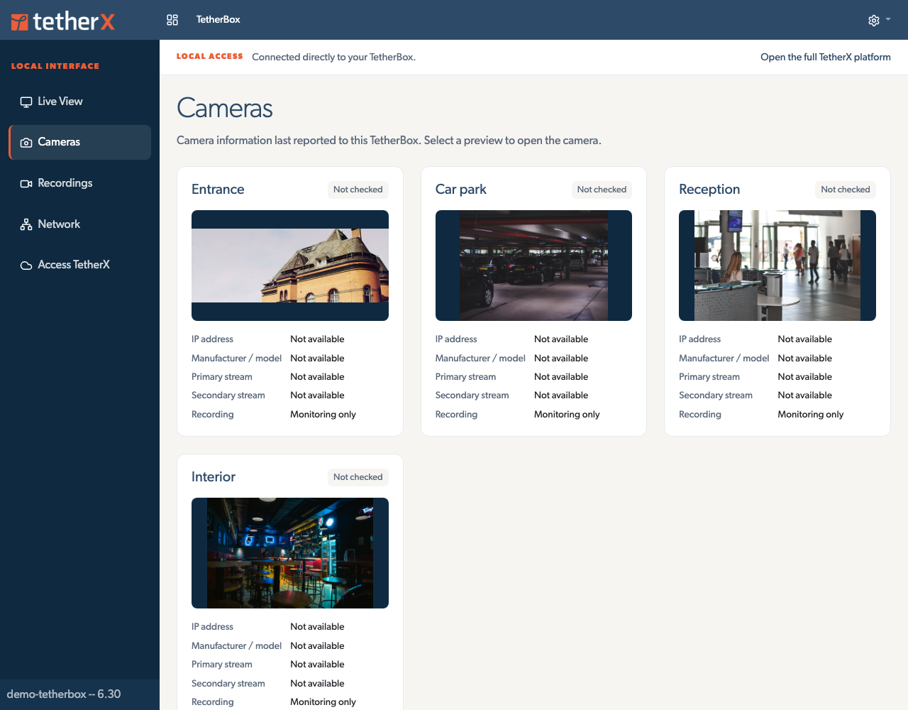 Camera previews and basic information in the offline Cameras page