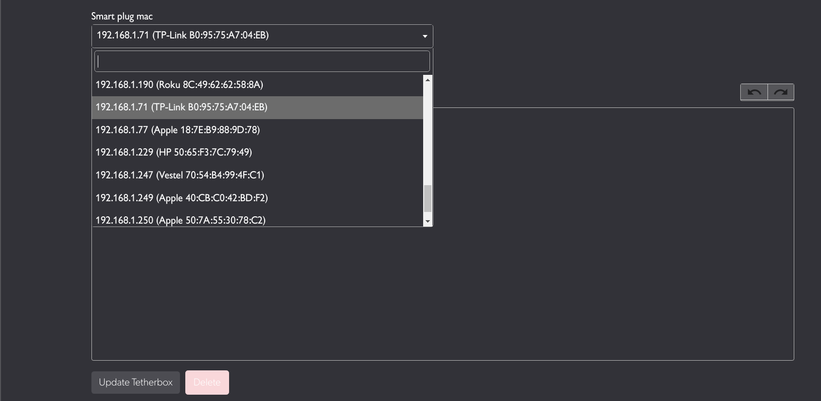 Smart plug dropdown showing available TP-Link devices