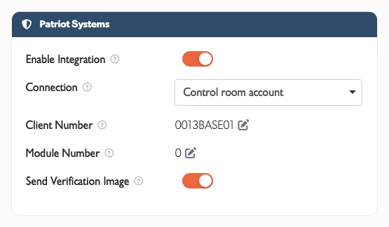 The Patriot Systems tab on a site, with the connection details a control room provides